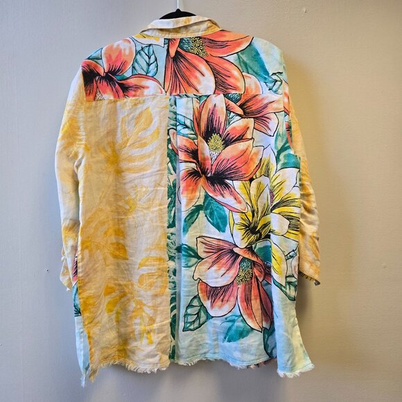 John Mark XL Floral Linen Button-Down Tropical Shirt Artsy Watercolor - Picture 2 of 13